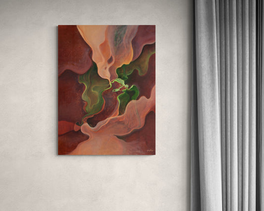 An abstract canvas wall art print featuring flowing organic shapes in deep red, terracotta, peach, and green, hanging on a textured light gray wall next to a gray curtain.