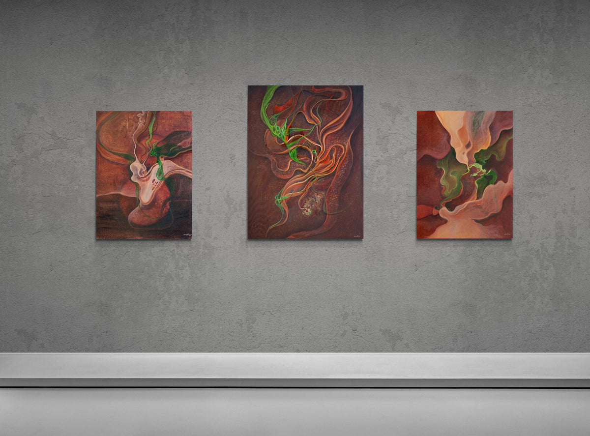 A three-panel abstract wall art set hangs on a textured gray wall above a white ledge. The paintings feature swirling abstract forms in red, orange, brown, green, and cream tones.