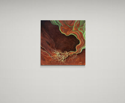 An abstract canvas painting featuring swirling organic patterns in deep brown, rust red, and vibrant green, with a glowing yellow-green network at the bottom center, displayed on a neutral light gray wall.