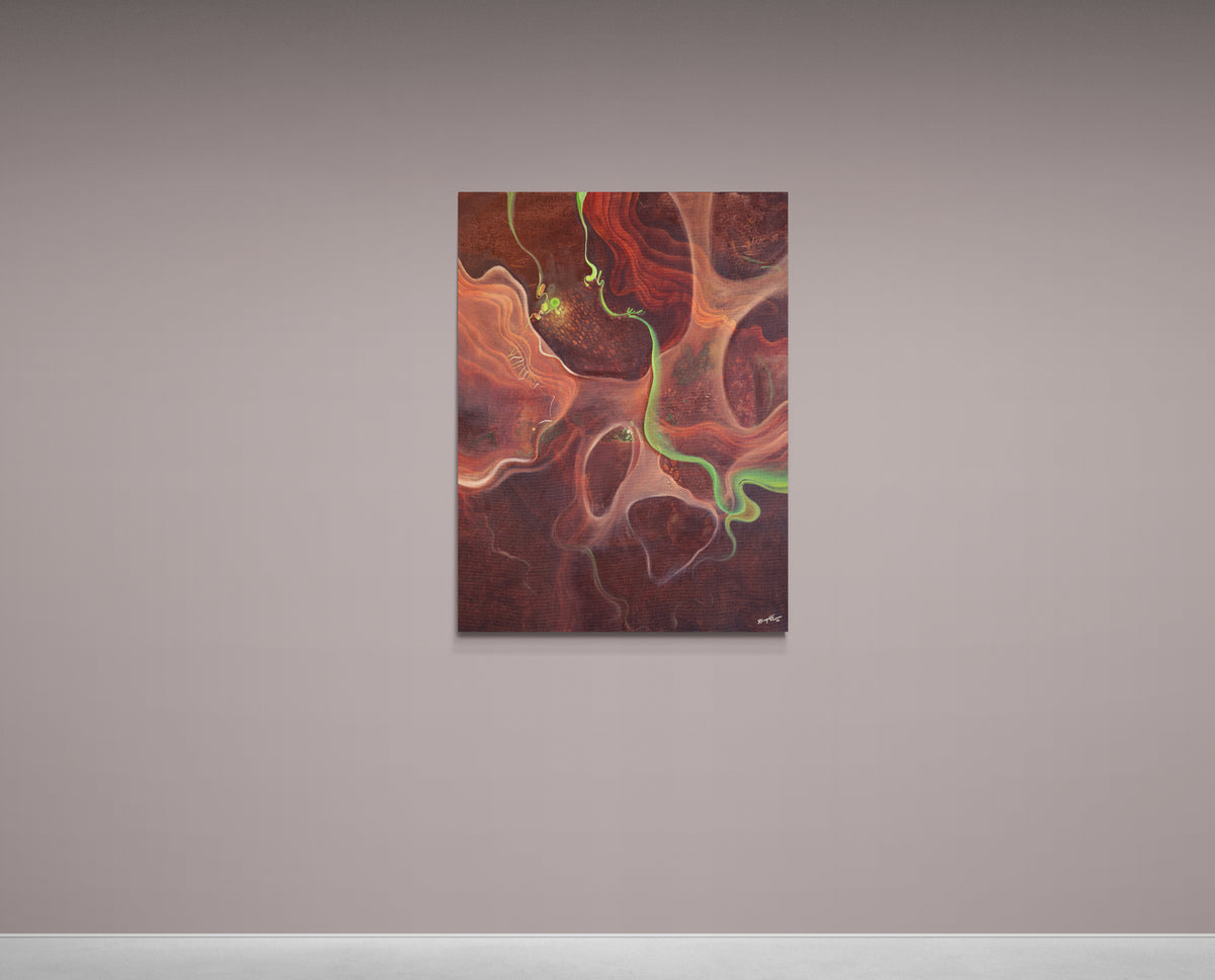An abstract canvas painting featuring swirling patterns of rust red, orange, and deep brown with bright neon green veins, displayed on a neutral gray wall.