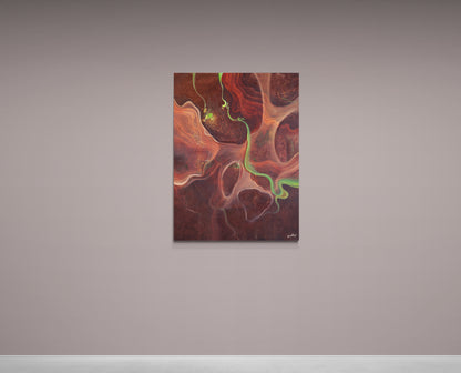An abstract canvas painting featuring swirling patterns of rust red, orange, and deep brown with bright neon green veins, displayed on a neutral gray wall.