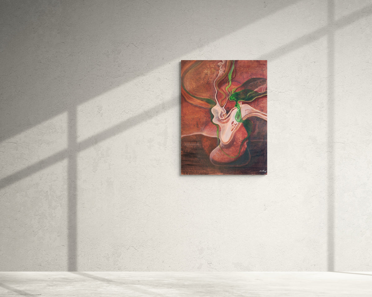 An abstract canvas art print featuring a stylized figure in warm red, brown, and green tones, displayed on a textured light gray wall with diagonal window shadow lines.