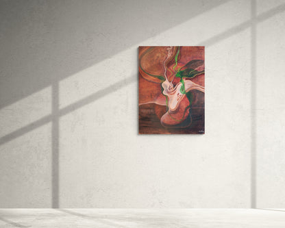 An abstract canvas art print featuring a stylized figure in warm red, brown, and green tones, displayed on a textured light gray wall with diagonal window shadow lines.