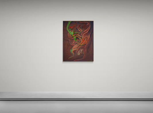 Resonance – 11 original mixed-media abstract painting by Dr. Shagufta Khanam, featuring layered organic forms and natural tones in a wood float frame.