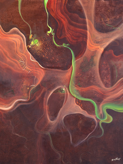 Abstract painting with flowing organic shapes in deep reddish brown, terracotta, peach, and bright neon green, filling the entire frame.