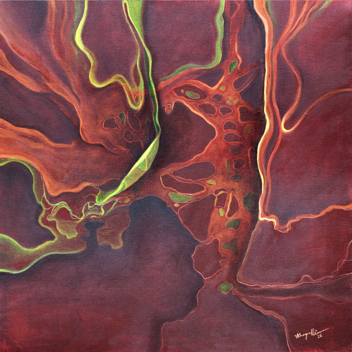 Abstract painting featuring organic, flowing lines and textured marbling in deep red, burgundy, orange, and bright neon green, with a small artist signature in the lower right corner.