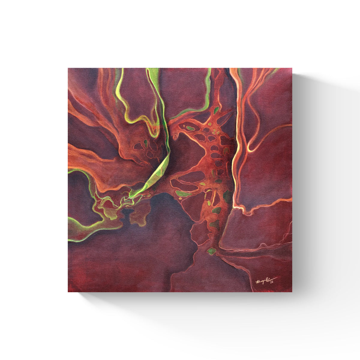 An abstract square canvas art print featuring fluid, organic patterns in deep burgundy, red, orange, and bright neon green, displayed on a clean white background with a soft drop shadow.