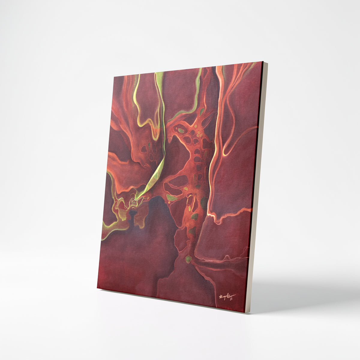 sideview of abstract painting on stretched canvas
