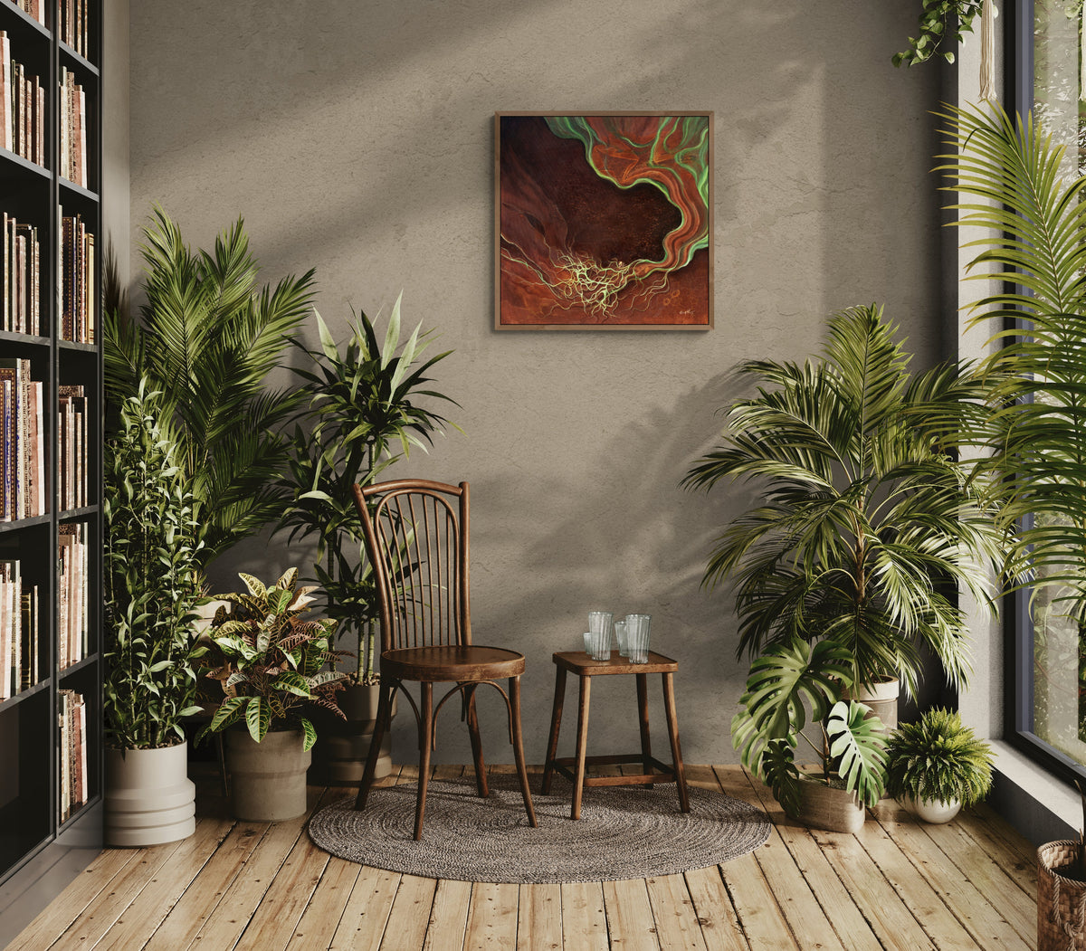 An abstract canvas art print with swirling red, orange, and green brushstrokes hangs on a textured gray wall in a cozy, sunlit room filled with potted green plants, a wooden chair, and a small stool.