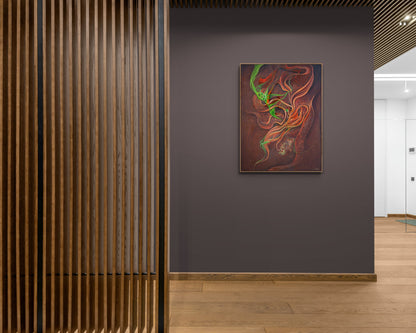 Resonance – 11 original mixed-media abstract painting by Dr. Shagufta Khanam, featuring layered organic forms and natural tones in a wood float frame.