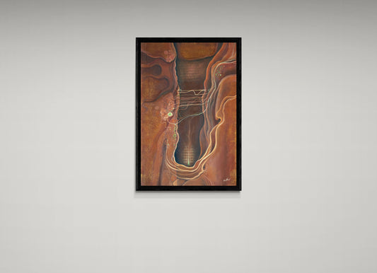 abstract oil painting framed in wooden black frame hung on wall